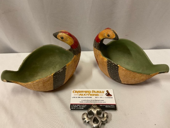 Pair of handmade ceramic bird bowls signed by artist, made in Italy, approx 7 x 5 in.