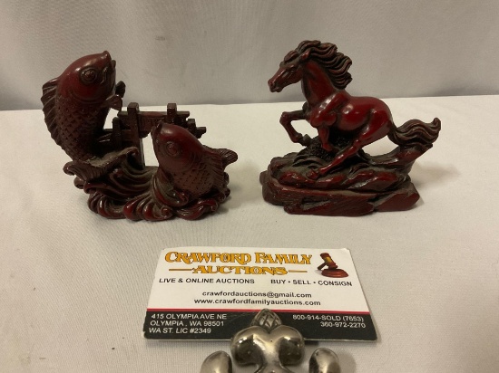 2 pc. lot of red resin Asian sculpted animal figurines; fish & wild stallion horse, approx 3 x 4 in.