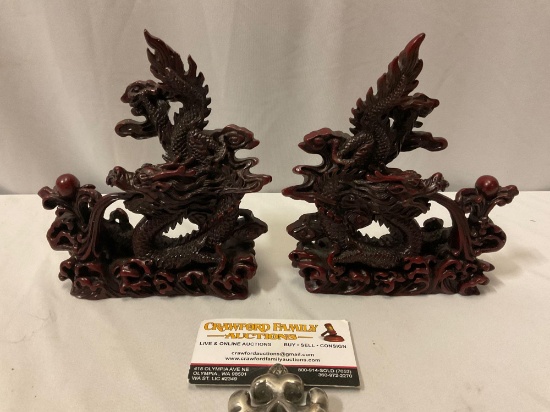 2 pc. lot of red resin Asian sculpted dragon figurines, approx 6 x 6 in.