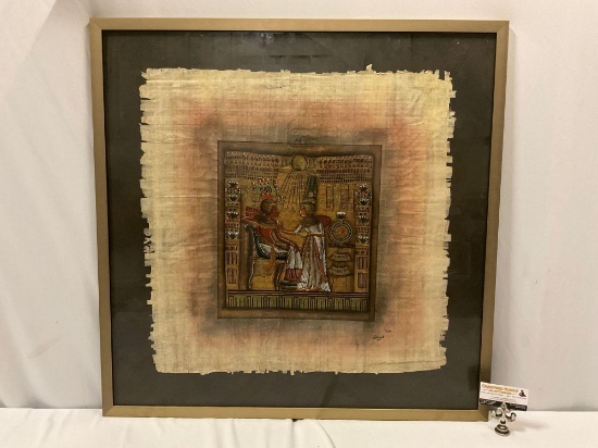 Large framed Egyptian parchment artwork w/ nice details, signed by artist