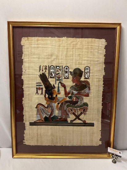 Large framed Egyptian parchment Pharaoh artwork, approx 28 x 36 in.
