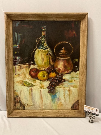 framed vintage 1960 original still life oil painting on board by Libi Martin, approx 21 x 27 in.