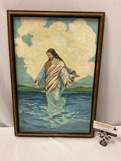 Vintage framed original painting of Jesus Christ walking on water, approx 13 x 19 in.