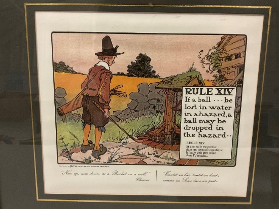 Vintage framed French PERRIER golf rules art print; RULE XIV water hazard drop , approx 16 x 14 in.