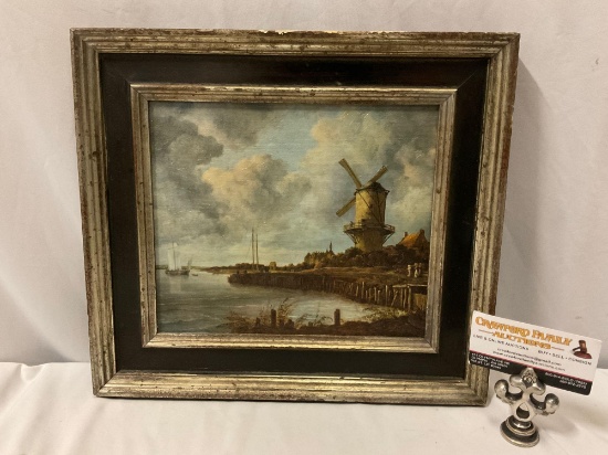 Vintage framed embellished art print of a windmill, approx 14 x 12.5 in.