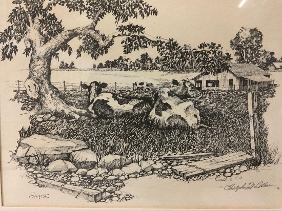 Vintage framed art print of cows on farm; Shade by Christopher Paul Bollen