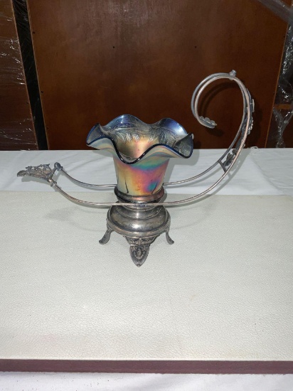 Antique quadruple silver plate Wedding basket W/ small antique ruffled carnival glass bowl
