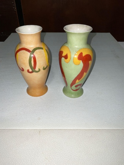 Pair of antique vases both marked KB USA, And one marked Jo Schneider 11/23/28