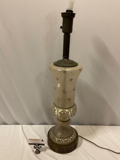 antique brass / painted glass lamp, no shade, tested/ working, approx 7 x 30 in.