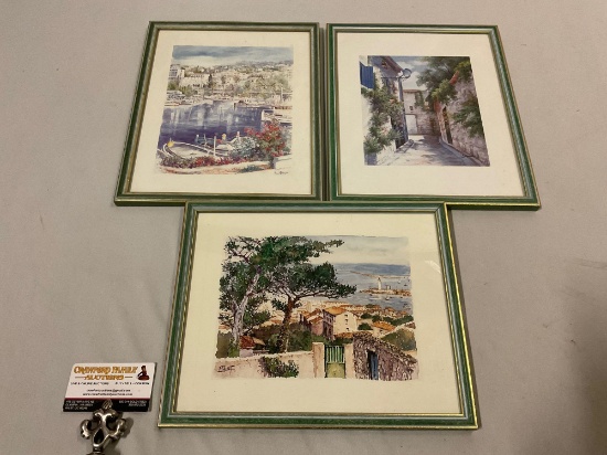 3 pc. set of framed San Tropez, French Riviera art prints by 3 different artists