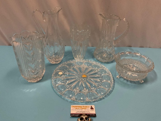 6 pc. lot of vintage crystal tableware; dessert tray, pitchers, vases, bowl.
