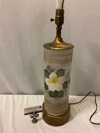 antique brass / painted glass lamp, no shade, tested/ working, approx 6 x 33 in.