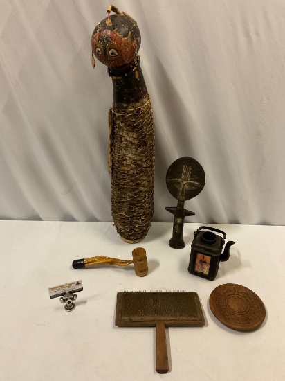 6 pc. mixed lot of vintage wood tools, decor, collectibles; African sculpture, Asian metal tea pot,