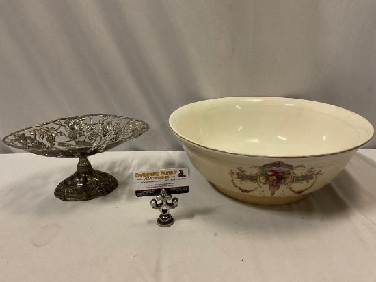 2 pc. lot of large table items; antique ceramic basin, metal centerpiece bowl w/ grape design