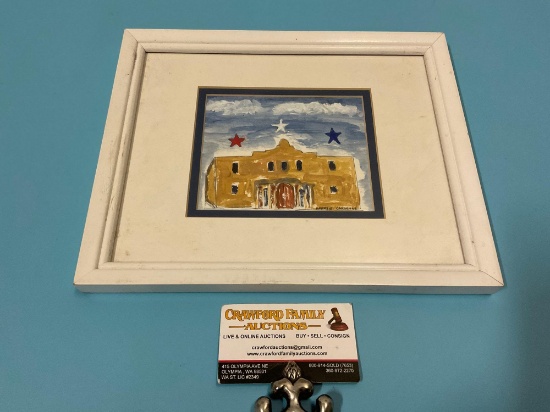 Small framed original artwork The Alamo by Henry Cardenas, w/ letter from artist
