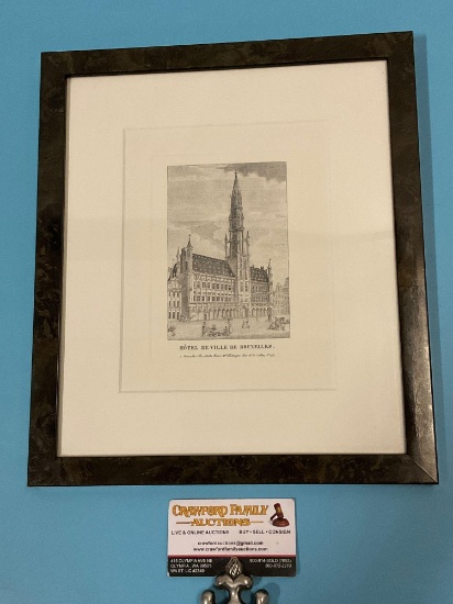 Framed vintage architectural art print; Hotel De Ville De Bruxelles