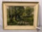 Antique framed origami canvas oil painting of tree lined road signed by artist , approx 35 x 27 in.