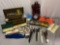 Large lot of fishing gear: vintage metal tool kit w/ fishing knives, lures, hooks, line, weights,