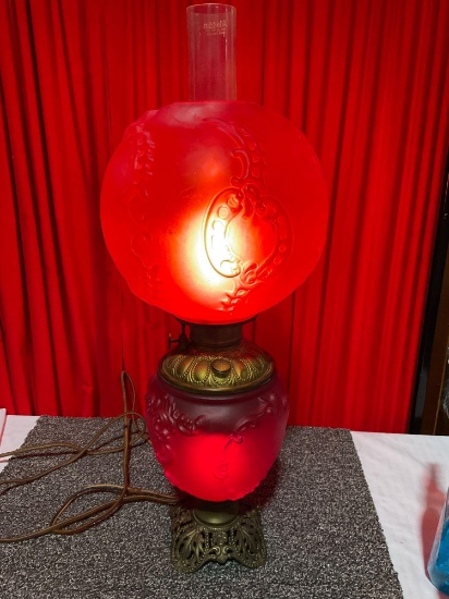 Antique red glass double globe converted kerosene lantern to electric tested & working