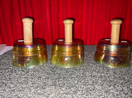 set of three antique mangold carnival glass butter molds w/ cow motif & wooden plungers