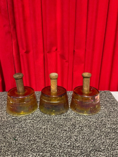 set of three antique mangold carnival glass butter molds w/ cow motif & wooden plungers