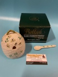 BELEEK Fine Parian China hand crafted Honey Pot & Spoon w/ box, approx 9 x 6 x 8 in.