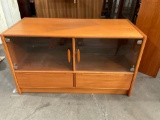 Danish wood entertainment center cabinet w/ 2 glass doors, 2 drawers, stamped: made in Denmark