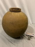 Large antique red clay stoneware vase, has chip, approx 10 x 14 in.
