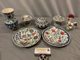 7 pc. lot of vintage hand painted ceramics from Turkey; plates, vase, candleholders, rooster & jar