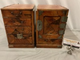 2 pc. set of antique wood jewelry boxes w/ wood inlay and stamped metal hardware, sold as is, see