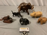 6 pc. lot of vintage wood carved animal sculptures, elephants (2 missing 1 tusk), rhino, water