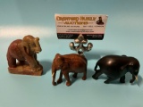 3 pc. lot of small vintage elephant sculptures; 2 wood carved w/ bone tusk, Chinese soapstone, nice