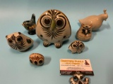 7 pc. lot of vintage stoneware owl / bird sculptures, signed hand painted pottery owls, see pics.