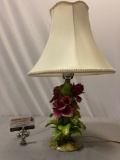 Antique ornate ceramic rose lamp w/ shade, tested & working, approx 13 x 22 in.