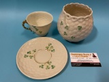 Vintage 3 pc. lot of BELEEK Irish porcelain decor w/ shamrock pattern; vase, tea cup & saucer