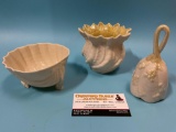 Vintage 3 pc. lot of BELEEK Irish porcelain decor; shell bowl, vase & bell.