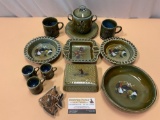 13 pc. lot of vintage Irish pottery; Wade sugar bowl & saucer, mugs, ashtrays, covered dish & more.
