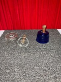 Pair of antique glass butter molds W/wooden plungers. Cobalt blue cow, clear glass swan