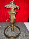 art deco antique electric brass hanging ceiling lamp front w/ masked animal / man motif