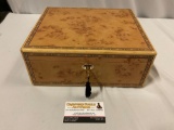 Nice vintage wood locking jewelry box w/ key, approx 11 x 10 x 5 in.
