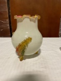 Stunning antique mouth blown 3 legged glass vase W/ ruffled rim and multi colored fern design