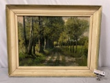 Antique framed origami canvas oil painting of tree lined road signed by artist , approx 35 x 27 in.