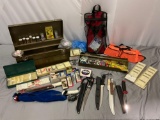 Large lot of fishing gear: vintage metal tool kit w/ fishing knives, lures, hooks, line, weights,
