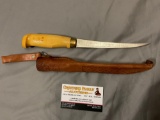 Vintage wood handle J. Marttiini fishing knife w/ stamped leather sheath made in Finland