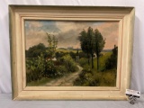 Antique framed origami canvas oil painting signed by artist , approx 35 x 27 in.