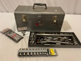 Vintage SEARS Craftsman metal tool box w/ wrenches & socket set hand tools.