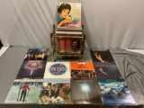 Lot of vintage Lp phonograph records w/ brass rolling rack; Wayne Newton, Toto, BeeGees, Connie
