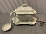 4 pc. Red - Cliff Stoneware ceramic soup tureen w/ serving plate, lid & ladle , made in USA
