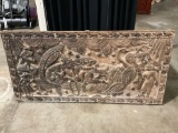 Extraordinary large hand carved Hindu themed relief frieze in teak
