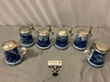 6 pc. lot of vintage 1970s German flow blue porcelain ceramic steins w/ pewter lids, nice!